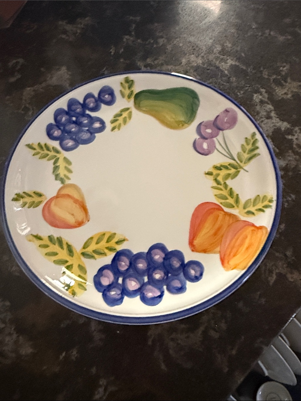 Hand-Painted Fruit Ceramic Dinner Plate with Blue Rim